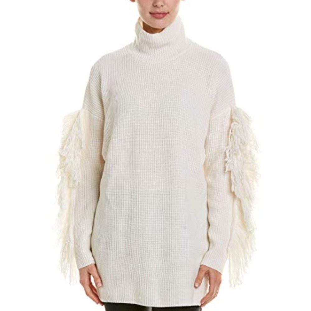 BCBGMAXAZRIA Cream Ribbed Turtleneck Fringe Sleeve‎ Sweater Dress XXS